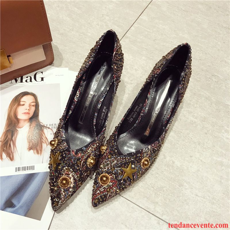 Escarpin A Talon Haut Rétro Printemps Femme Talons Minces Princesse Derbies Noir Cristal Tous Les Assortis Pointe Pointue Pas Cher