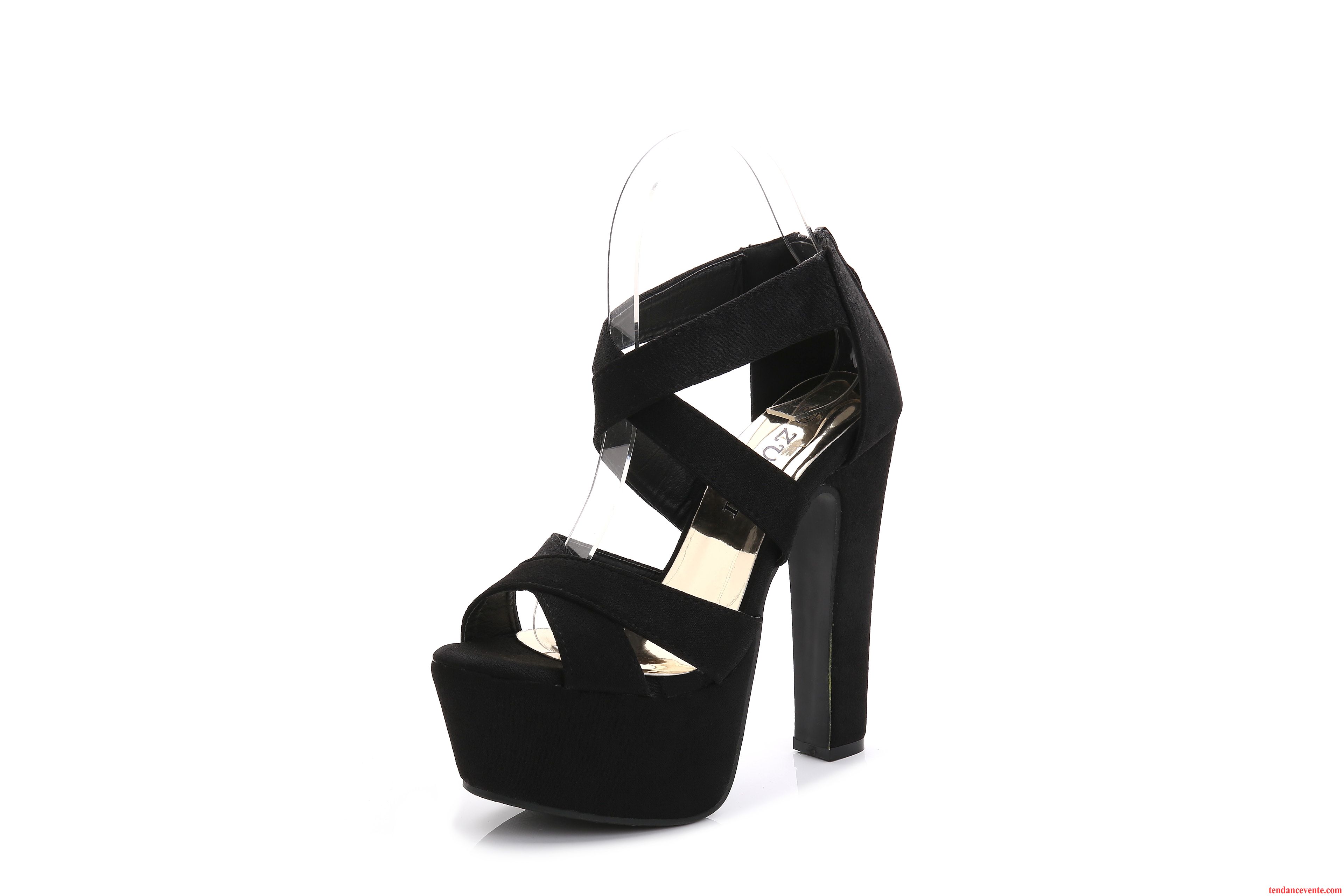 Escarpin Noir Gros Talon Sandales Épais Peep-orteil Femme Creux Guipure Ultra À La Mode Talons Hauts Charme Fermeture Éclair Vente