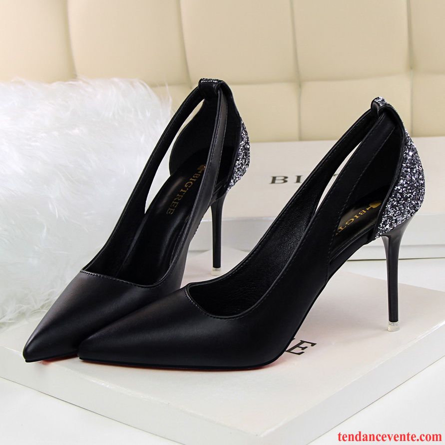 Escarpin Petit Talon Noir Professionnel Sexy Femme Talons Minces Printemps Derbies Pointe Pointue Creux Guipure