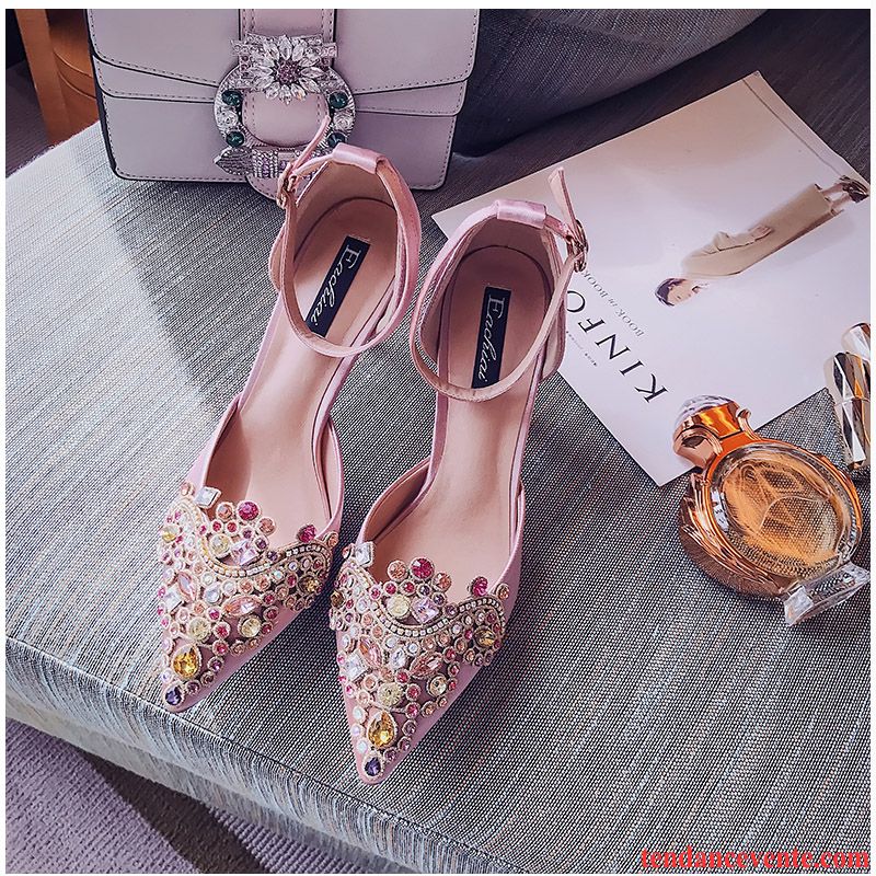 Escarpin Rouge Femme Femme Pointe Pointue Cristal Imitation Strass Talons Minces Rouge Chaussures De Mariage Derbies