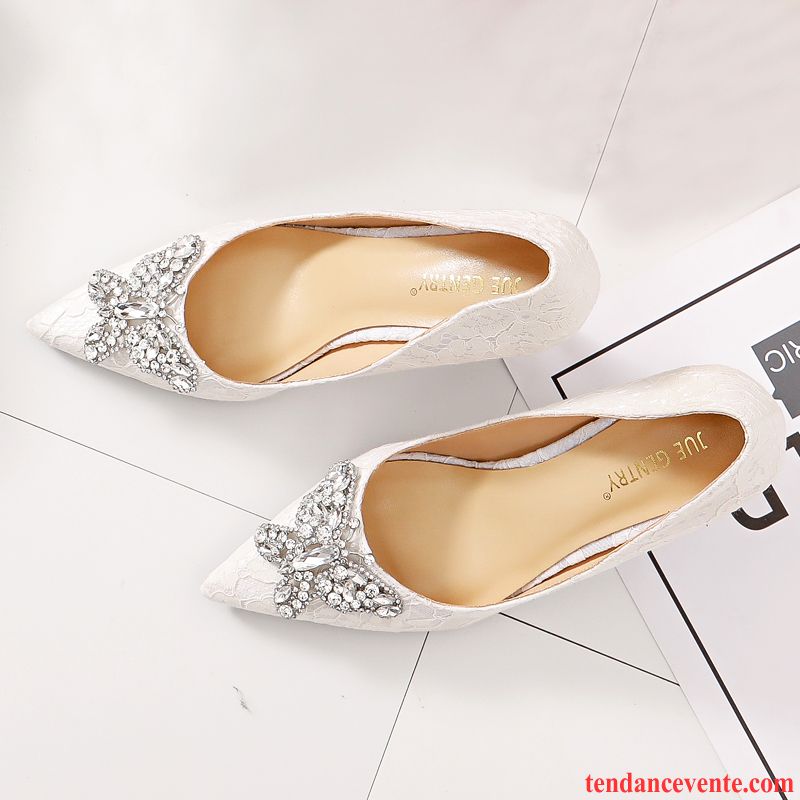 Escarpins Femme Dentelle Imitation Strass Fête Pointe Pointue Chaussures De Mariage Bordeaux Blanc