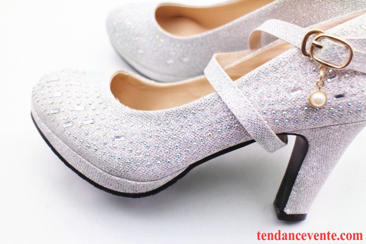 Escarpins Talon Rouge Épais Chaussures De Mariage Femme Longue Derbies Fête Argent Blanc Chocolat