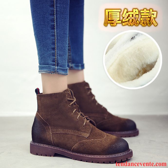 Femmes En Bottes De Cuir Cuir Véritable Plates Femme Délavé En Daim L'automne Augmenté Chaussures En Coton Angleterre Hiver Rétro Plus De Velours Laçage