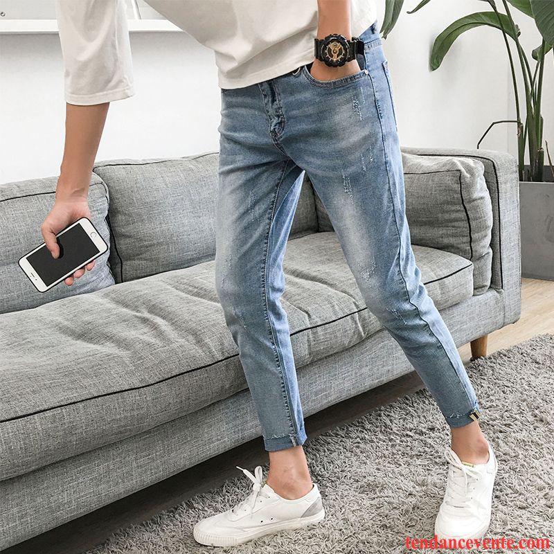 Jean Bleu Clair Délavé Homme Delavé Tous Les Assortis Neuvième Pantalon Tendance Homme Slim Gris Azur