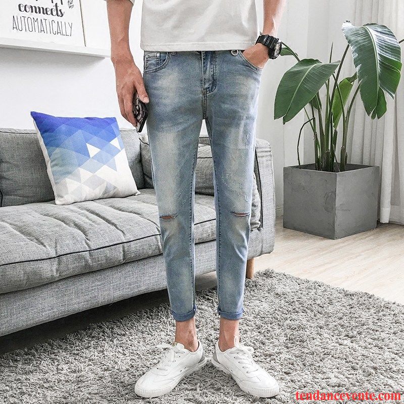 Jean Bleu Clair Délavé Homme Delavé Tous Les Assortis Neuvième Pantalon Tendance Homme Slim Gris Azur