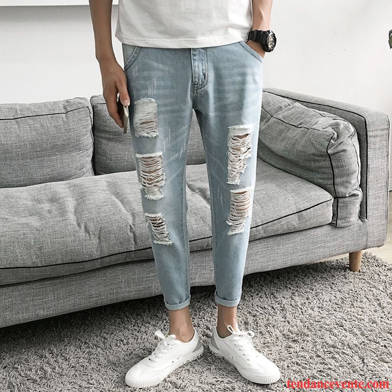 Jean Bleu Clair Délavé Homme Delavé Tous Les Assortis Neuvième Pantalon Tendance Homme Slim Gris Azur