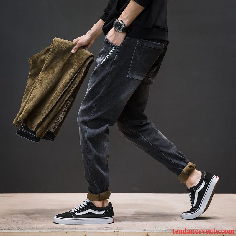 Jean Homme Noir Huilé Homme Noir Maigre Harlan L'automne Plus De Velours Tendance Pantalon Baggy Taillissime