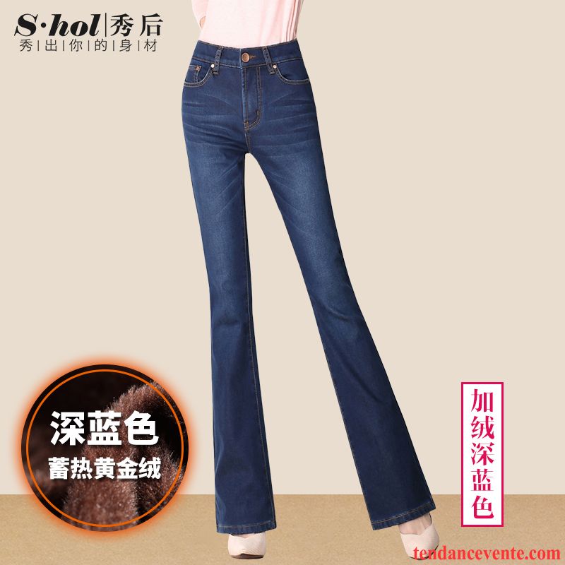 Jean Mode Femme Plus De Velours Jean Évasé Taillissime Pantalon Femme Mince Rétro Forme Haute Cintrée L'automne Légèrement Hiver