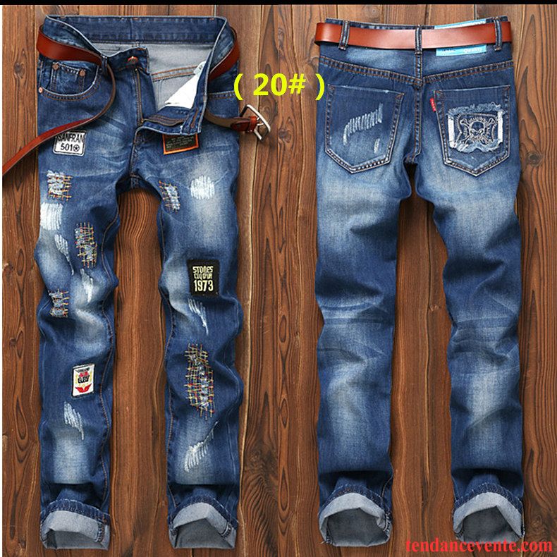 Jean Pour Homme Grand Pantalon Décontractée Tous Les Assortis Jambe Droite Tendance Homme Jeunesse Baggy Troués Bleu