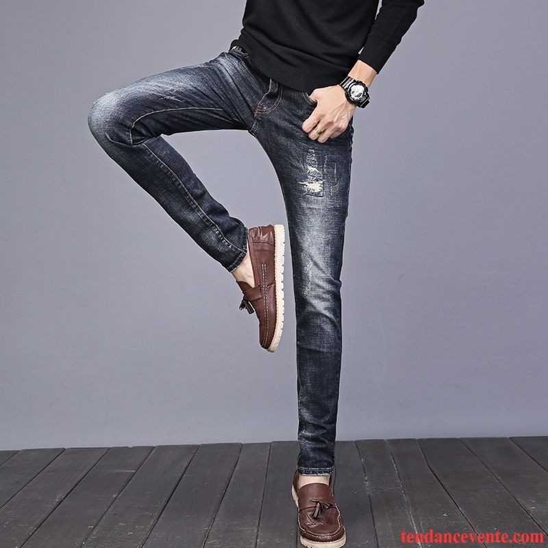 Jeans De Marque Pas Cher Jeunesse Plus De Velours Homme Slim Hiver Troués L'automne Pantalon Tendance Extensible