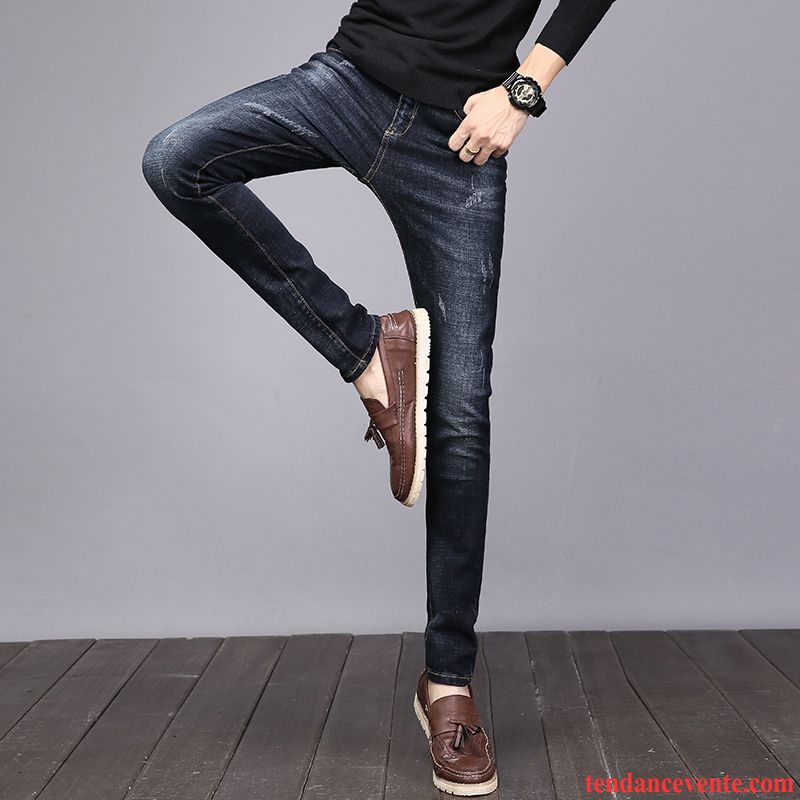 Jeans De Marque Pas Cher Jeunesse Plus De Velours Homme Slim Hiver Troués L'automne Pantalon Tendance Extensible