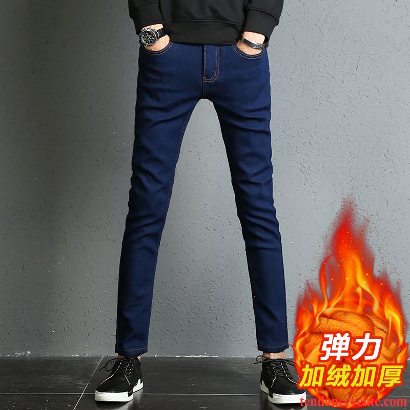 Jeans Droit Homme Pas Cher Chauds Homme Tendance Jambe Droite Hiver Renforcé Extensible Plus De Velours Slim L'automne