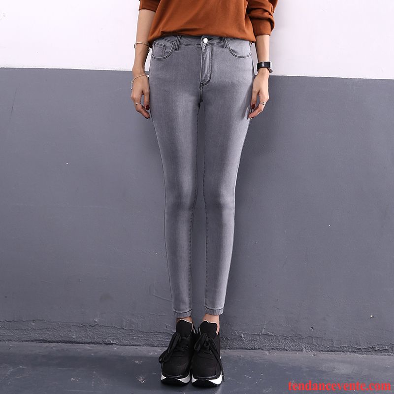 Jeans Effet Huilé Femme Moulant Mince Gris Noir Neuvième Pantalon Maigre Printemps Forme Haute Cintrée Extensible Femme L'automne Corail Vente