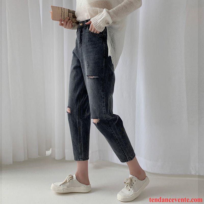 Jeans Femme Des Trous Dans Les Jeans Baggy Mince Pantalon Jambe Droite Été Bleu