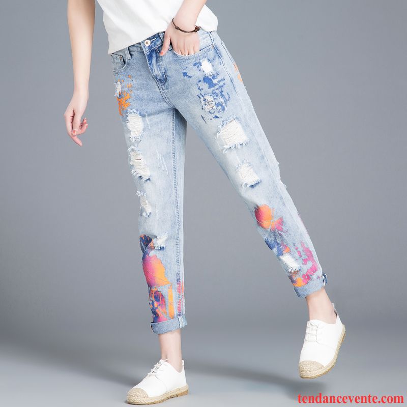 Jeans Femme Des Trous Dans Les Jeans Tendance Personnalité Neuvième Pantalon Harlan Étudiant Impression Bleu Clair