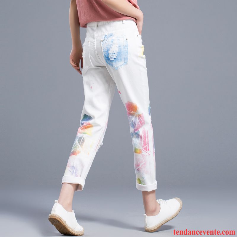 Jeans Femme Des Trous Dans Les Jeans Tendance Personnalité Neuvième Pantalon Harlan Étudiant Impression Bleu Clair