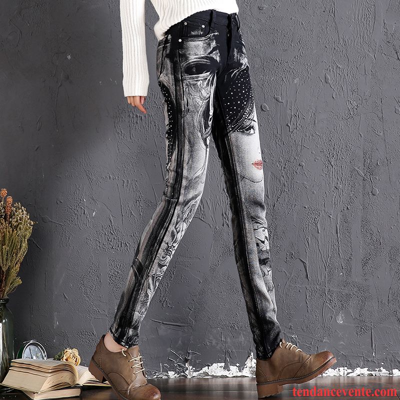 Jeans Femme Fleur Plus De Velours Peinture Personnalité Extensible Slim Impression Noir