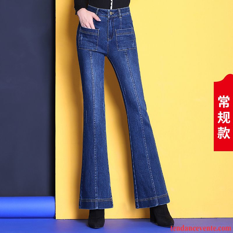 Jeans Femme Forme Haute Cintrée Jean Évasé Mince Printemps L'automne Légèrement Bleu Foncé