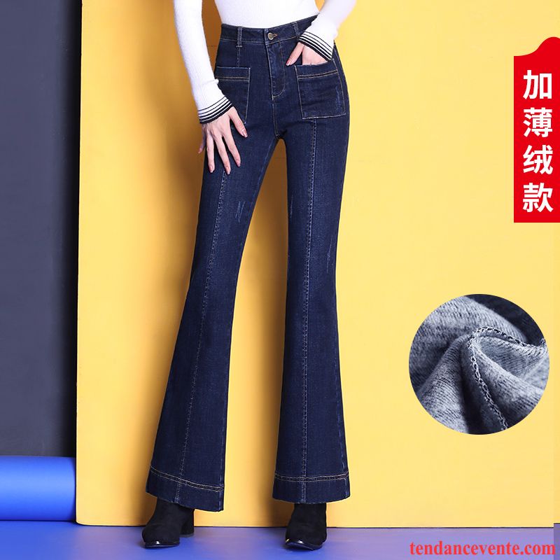 Jeans Femme Forme Haute Cintrée Jean Évasé Mince Printemps L'automne Légèrement Bleu Foncé