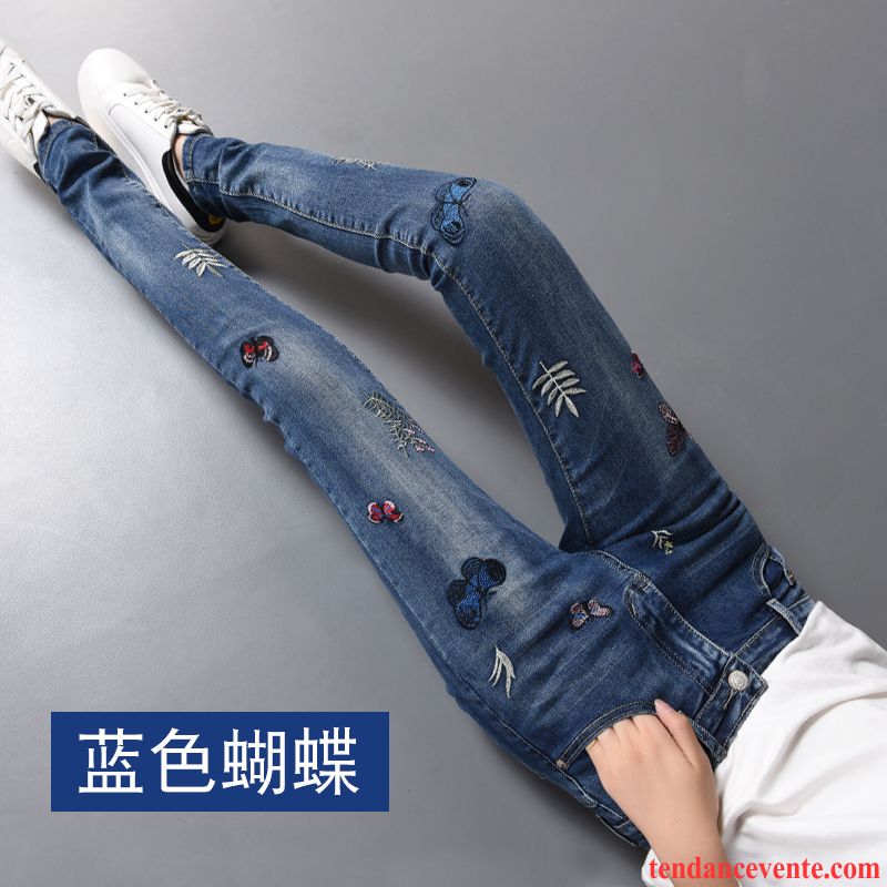 Jeans Femme Forme Haute Cintrée Troués Étudiant Mince Tous Les Assortis Pantalon Bleu