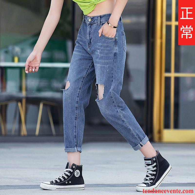 Jeans Femme Jambe Droite Légère Taillissime Des Trous Dans Les Jeans Été Forme Haute Cintrée Bleu
