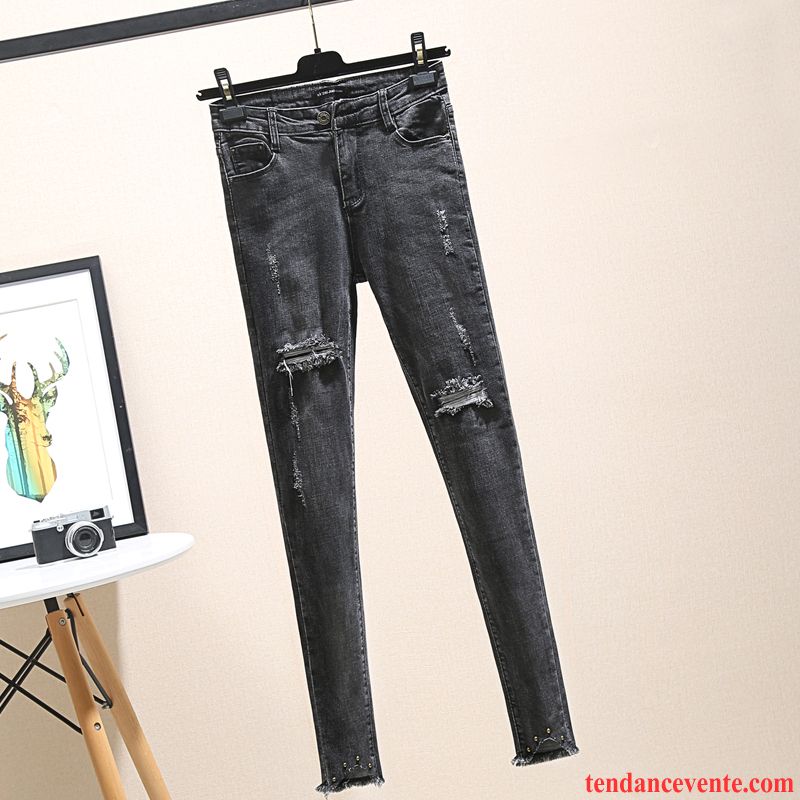 Jeans Femme L'automne Mince Moulant Hiver Des Trous Dans Les Jeans Neuvième Pantalon Noir Gris