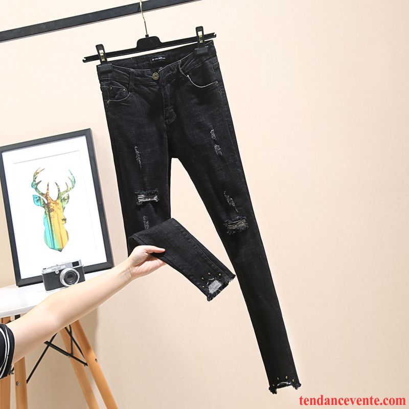Jeans Femme L'automne Mince Moulant Hiver Des Trous Dans Les Jeans Neuvième Pantalon Noir Gris