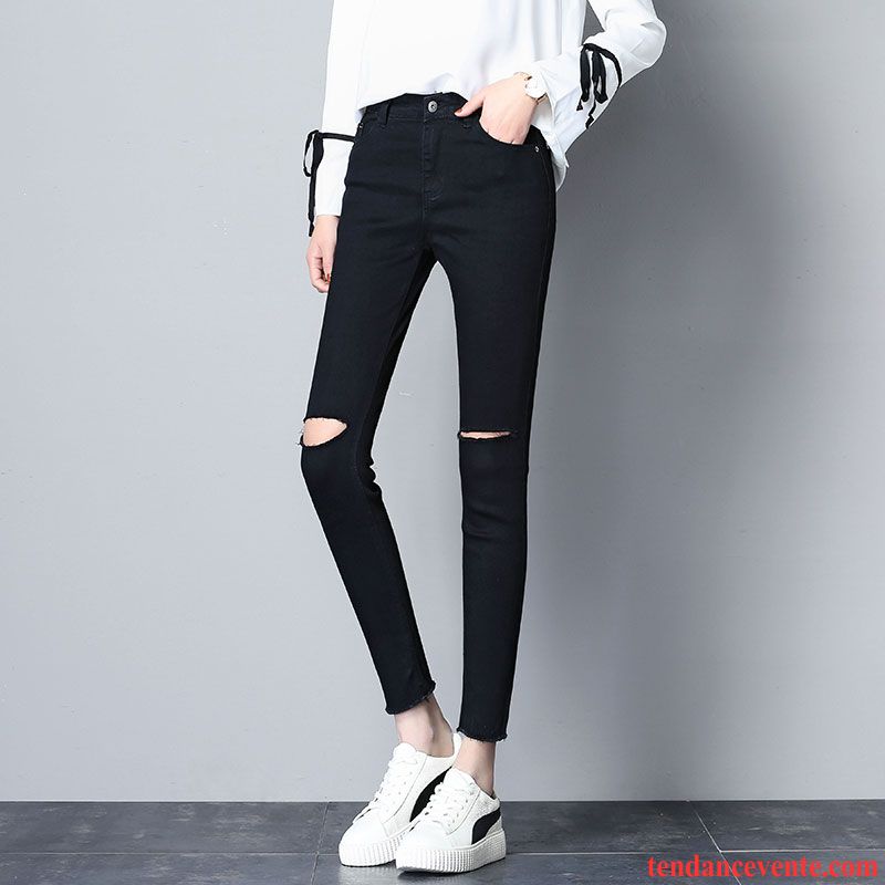 Jeans Femme L'automne Neuvième Pantalon Printemps Des Trous Dans Les Jeans Été Mince Blanc Noir
