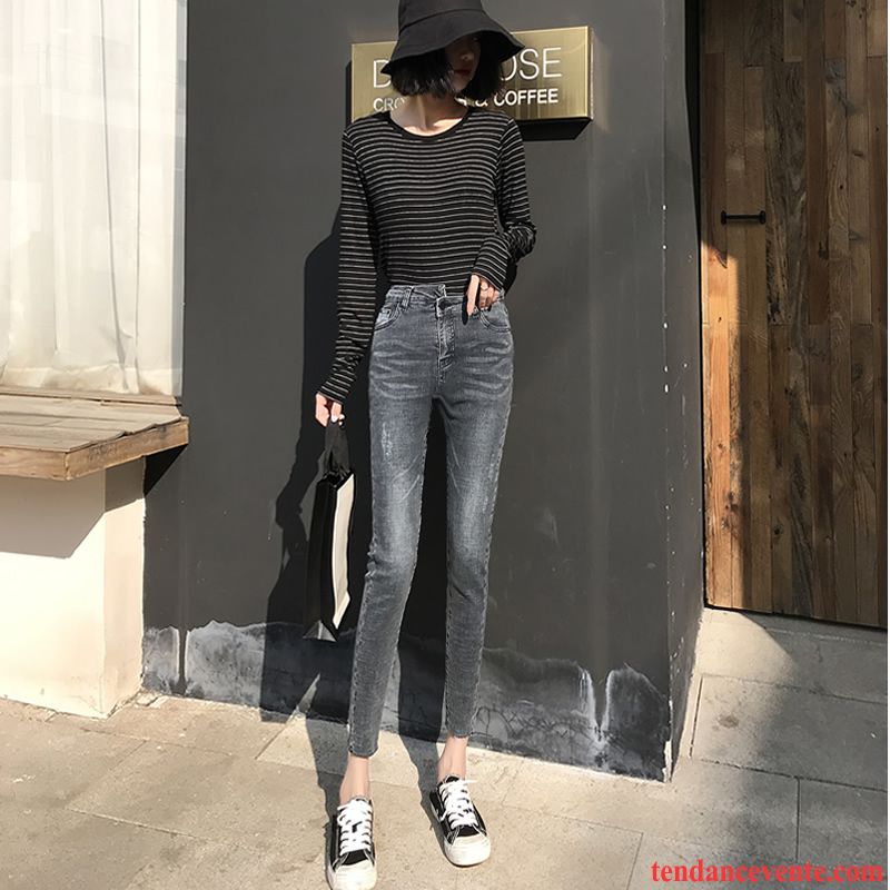 Jeans Femme Mince Moulant Forme Haute Cintrée Printemps Mode L'automne Noir Gris