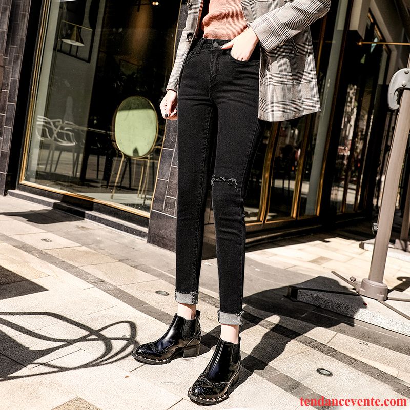 Jeans Femme Outwear Mince Neuvième Pantalon Printemps Troués Noir