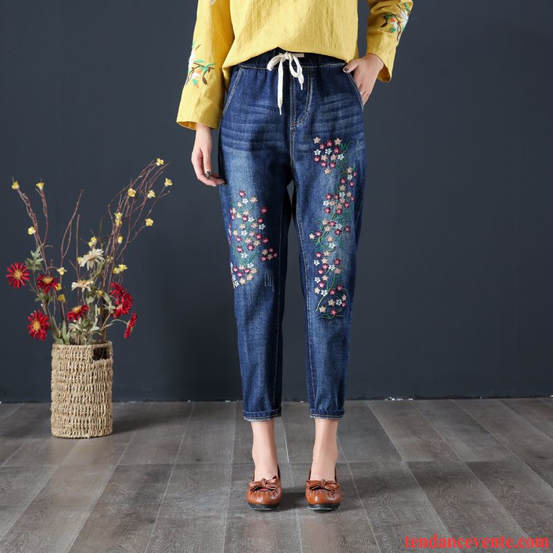 Jeans Femme Pantalon Broderie Élastique Style National Rétro Chauds