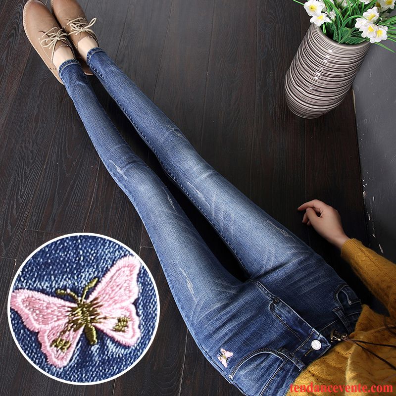 Jeans Femme Pantalon Extensible Mince Forme Haute Cintrée Plus De Velours Printemps Bleu