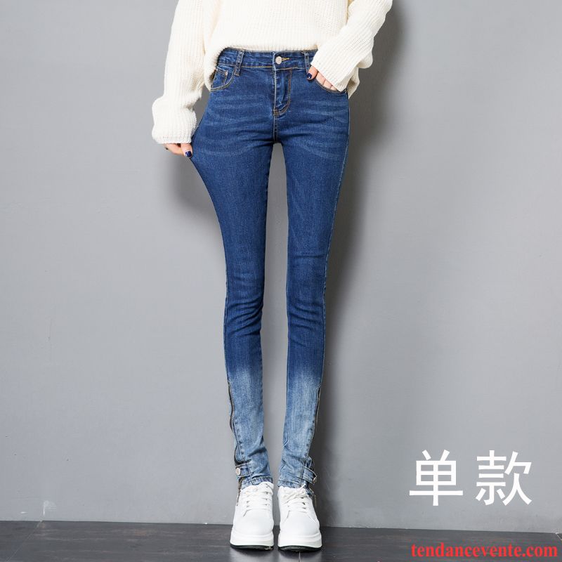 Jeans Femme Pantalon Hiver Mince Forme Haute Cintrée Plus De Velours L'automne Bleu