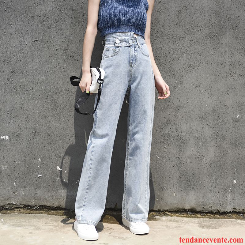 Jeans Femme Pantalon Printemps Baggy Frais Jambe Droite Forme Haute Cintrée Bleu Marin