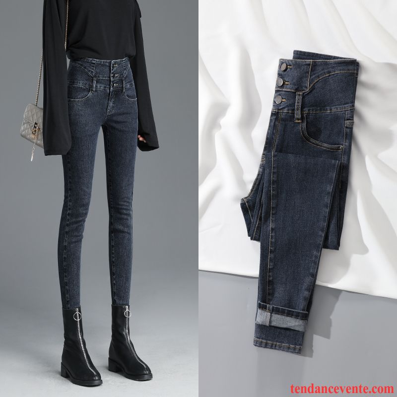 Jeans Femme Printemps Forme Haute Cintrée L'automne Slim Mince Pantalon Bleu Noir Clair