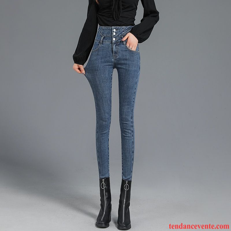 Jeans Femme Printemps Forme Haute Cintrée L'automne Slim Mince Pantalon Bleu Noir Clair