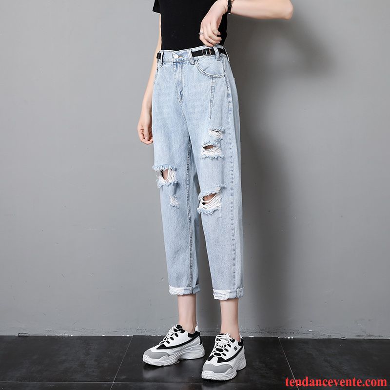 Jeans Femme Été Forme Haute Cintrée Des Trous Dans Les Jeans Baggy Neuvième Pantalon Harlan Gris