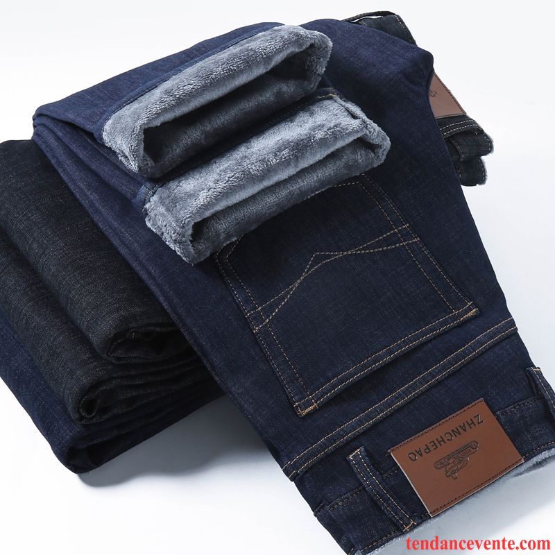 Jeans Homme Baggy Renforcé L'automne Forme Haute Cintrée Hiver Chauds Noir Foncé