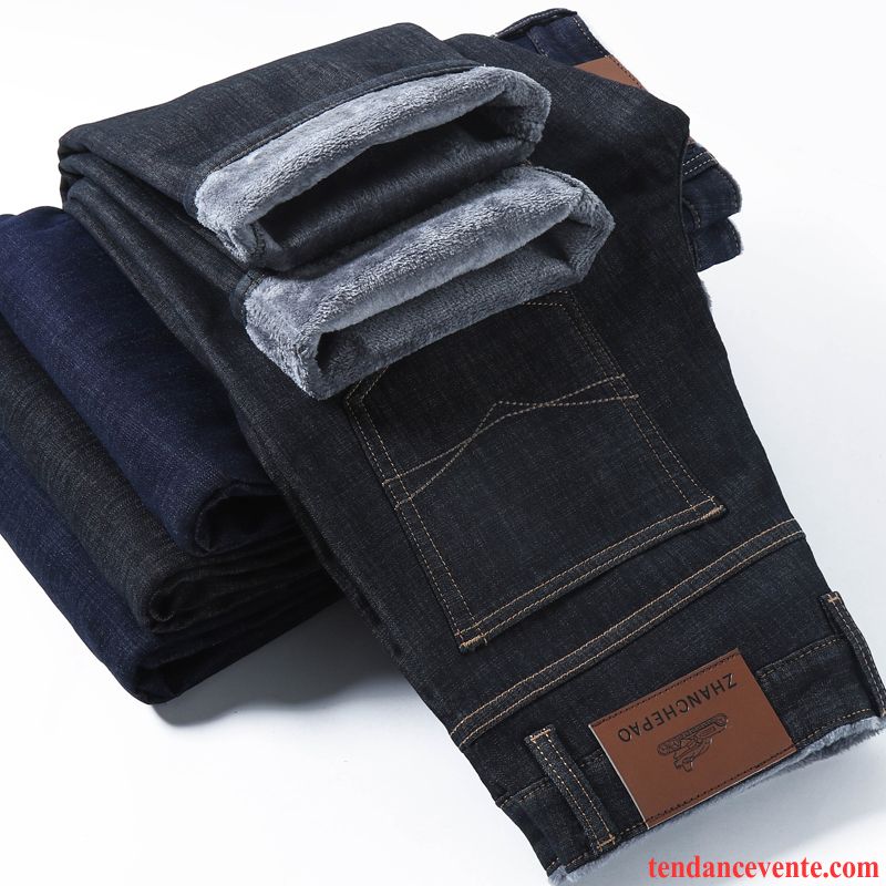 Jeans Homme Baggy Renforcé L'automne Forme Haute Cintrée Hiver Chauds Noir Foncé