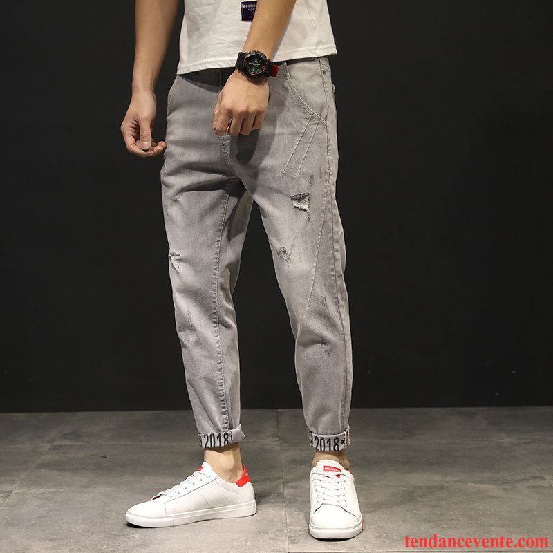 Jeans Homme Baggy Été Des Trous Dans Les Jeans Neuvième Pantalon Harlan Tendance Bleu Clair