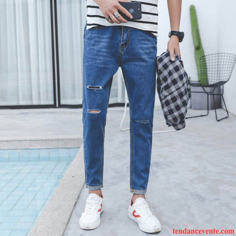 Jeans Homme Des Trous Dans Les Jeans Printemps Slim Hiver Tendance Neuvième Pantalon Bleu