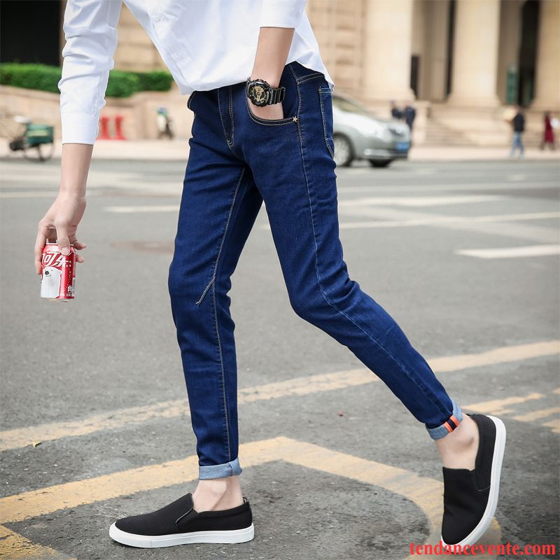 Jeans Homme Extensible Des Trous Dans Les Jeans Tendance Slim Étudiant Troués Bleu