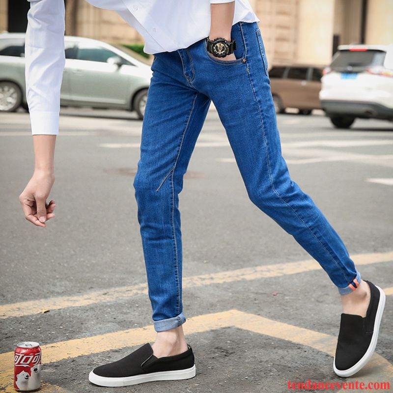 Jeans Homme Extensible Des Trous Dans Les Jeans Tendance Slim Étudiant Troués Bleu