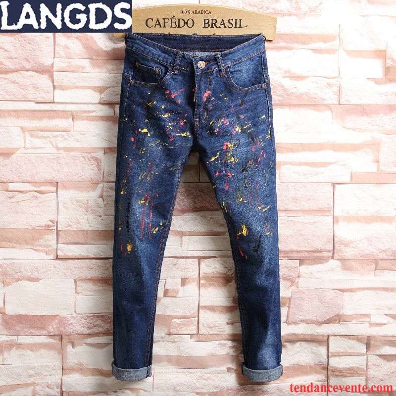 Jeans Homme Graffiti Étudiant Pantalon Mode Tendance Couleur Bleu