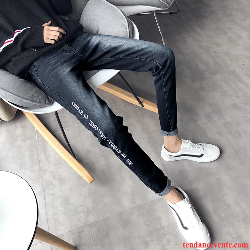 Jeans Homme Gris Gris Rétro Homme Fleur Jambe Droite Décontractée L'automne Slim Maigre Pantalon Tendance Tous Les Assortis Or