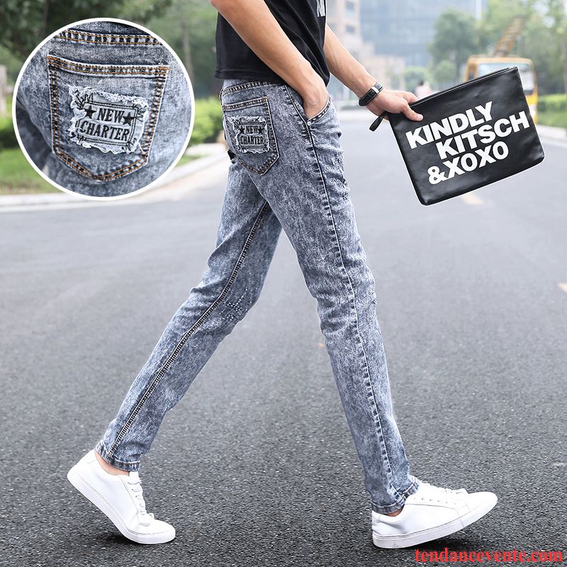 Jeans Homme Gris Gris Rétro Homme Fleur Jambe Droite Décontractée L'automne Slim Maigre Pantalon Tendance Tous Les Assortis Or