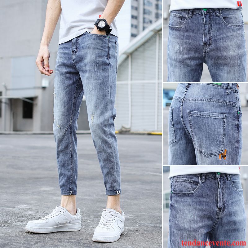 Jeans Homme Jeunesse Tendance Maigre Décontractée Été Troués Bleu Clair