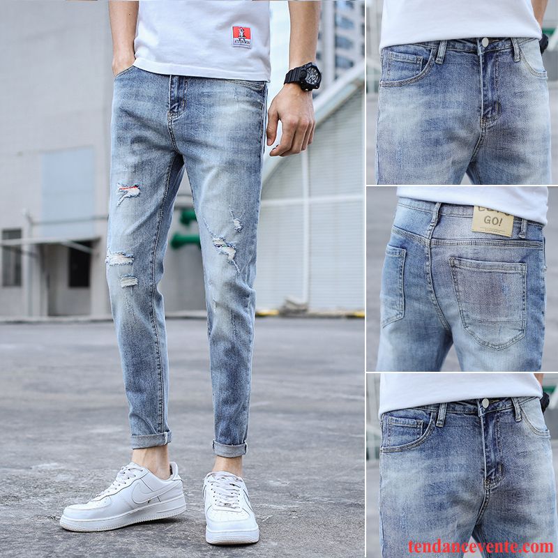 Jeans Homme Jeunesse Tendance Maigre Décontractée Été Troués Bleu Clair