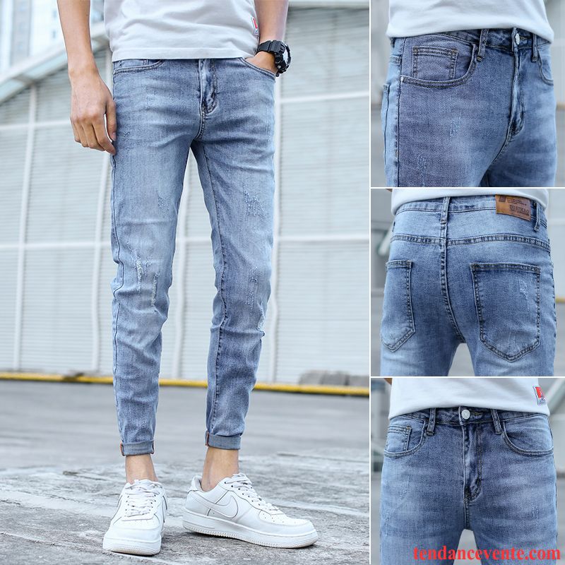 Jeans Homme Jeunesse Tendance Maigre Décontractée Été Troués Bleu Clair