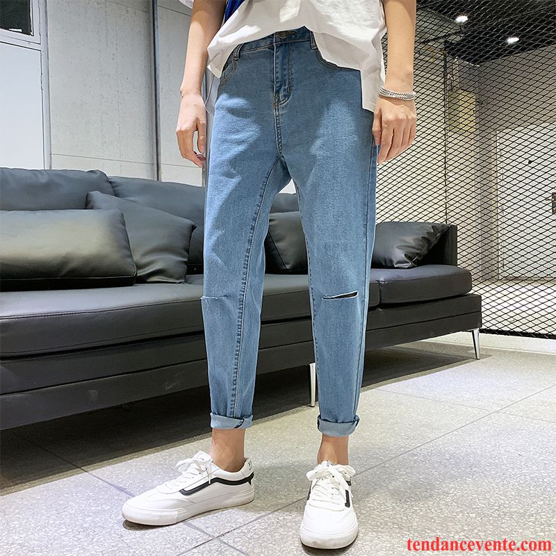 Jeans Homme Neuvième Pantalon Slim Beau Tous Les Assortis Tendance Des Trous Dans Les Jeans Bleu